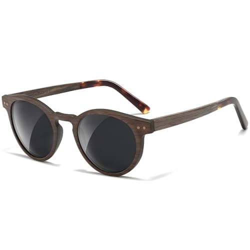 SUNGAIT Round Wood Polarized Sunglasses Women Men Vintage Retro Oak Walnut Rosewood Wooden Shades UV Protection (Walnut Frame/Grey Lens) - Image 1