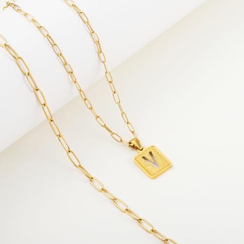 LETFLY Initial Gold Necklaces for Women, 18K Gold Plated Letter Layering Necklace Square Shaped Pendant with Adjustable Paperclip Chain for Womens Jewelry Gifts Alphabets V - Thumbnail 5