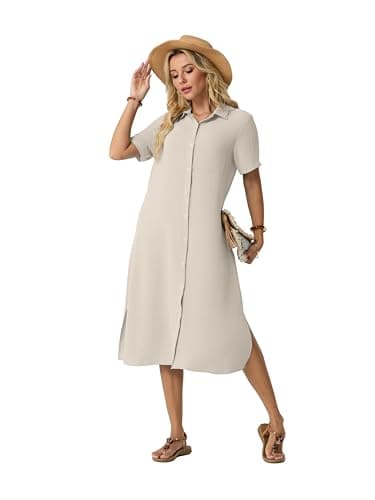 HiMONE Women’s Button Down Shirt Dress Casual Midi Dress Short Sleeve Collared Loose Fit Summer Vacation Dress with Pocket - Thumbnail 6