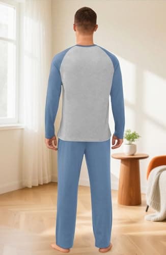 NITAGUT Men's Pajama Set Long Sleeve Sleepwear 2 Piece Loungewear with Pockets Soft Comfy Nightwear,Blue-S - Thumbnail 4