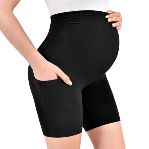Walifrey Women's Maternity Shorts with Pockets Over The Belly,Pregnancy Yoga Pants Activewear Biker Shorts Casual Black L - Thumbnail 2