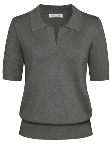 Kate Kasin Short Sleeve Sweaters for Women, V Neck Knit Tops, Business Casual Polo Shirts Dark Grey M - Image 1