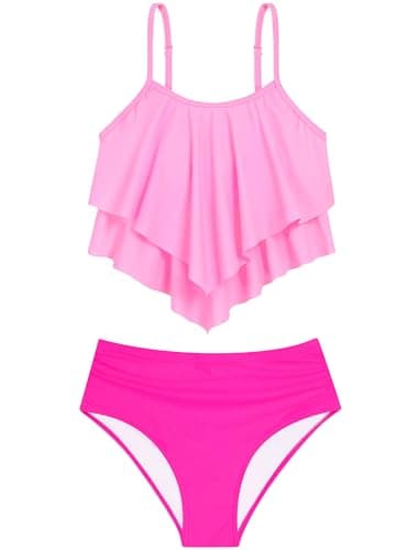 Teen Swimsuits for Girls 12-14 2 Two Piece Tween Bikini Swimwear Swimming Swim Bathing Suits Hot Pink Tiered Flounce Ruching Briefs Traje De Baño para Niñas - Image 1