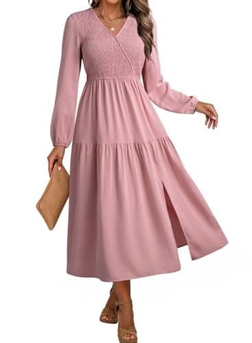 Dokotoo Pink Dress for Women V Neck Long Sleeve Smocked Empire Waist Ruffle Tiered Swing Split Maxi Dress Fall Dresses Pink XX-Large - Image 1