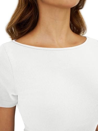 GKBK Boat Neck Tops for Women Ribbed Short Sleeve T-Shirts Slim Fitted Tight Compression Top Soft Y2K Basic Casual Going Out Tops for Spring Summer 2026 Trendy Fashion Outfits White - Thumbnail 4