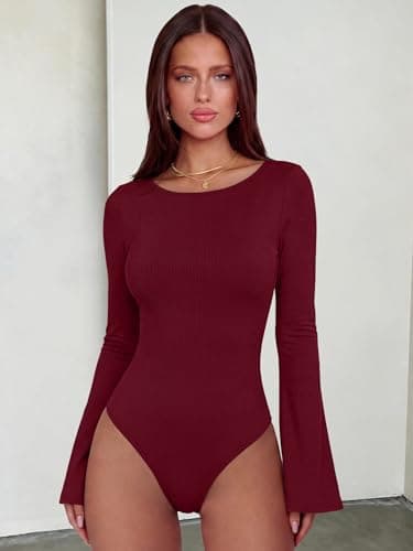 ANRABESS Womens Bell Sleeve Bodysuits Top,Wine Red,S - Thumbnail 2