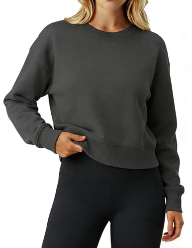 MAPICK Womens Cropped Sweatshirt Oversized Crewneck Cotton Long Sleeve Boxy Crop Pullover Casual Lightweight Athleisure Top Dark Grey - Image 1