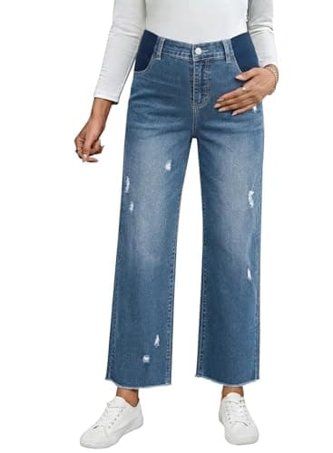 BLENCOT Women's Maternity Soft Capri Jeans Under Belly Elastic Panel Ripped Raw Hem Wide Leg Stretchy Denim Pants Summer Casual Maternity Wear Ashleigh Blue L - Image 1