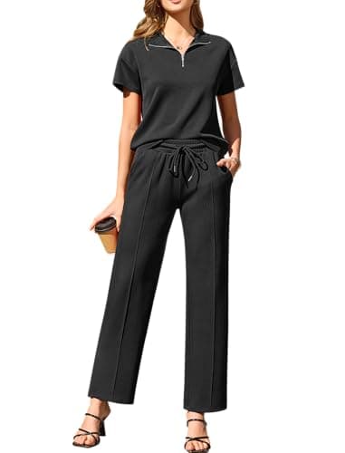 difficort Two Piece Set for Women Summer Spring Outfits Travel Airport Beach Vacation Half Zip Sweatshirts Wide Leg Pants Set, Black, Large - Image 1