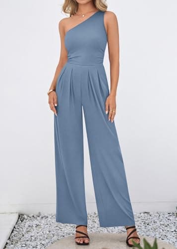 KIRUNDO One Shoulder Jumpsuits For Women Dressy Summer Formal One Piece Ribbed Wide Leg Romper Pockets Cocktail Party Outfits(Dusty Blue, X-Large) - Thumbnail 3