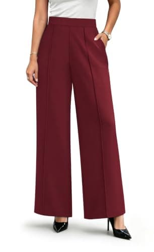 WIHOLL Wide Leg Dress Pants for Women High Waisted Work Trousers Business Casual Slacks Palazzo Pants Dark Red - Image 1