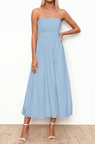 PRETTYGARDEN Womens Summer Dresses 2026 Sexy Sleeveless Tube Top Long Dress Eyelet Cotton Maxi Beach Sundress Pockets(Light Blue,XX-Large) - Thumbnail 2