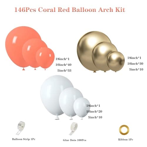 Coral Red Gold Balloon Garland Arch Kit, Coral Red Metallic Gold Latex Balloons for Wedding Anniversary Birthday Baby Shower Bridal Shower Party Decorations - Thumbnail 2