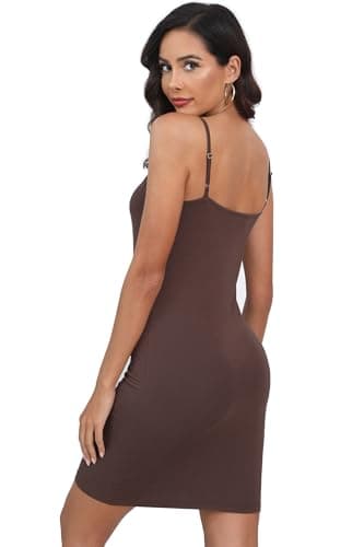 EaseWay Women's Basic Adjustable Spaghetti Strap Cami Under Mini Slip Dress Brown - Thumbnail 2