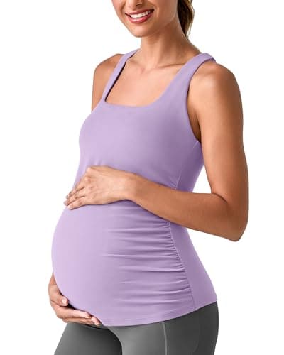 G4Free Maternity Tank Tops for Women with Removable Pads Slim Fit Workout Pregnancy Clothes Side Pleats Soft Casual Loungewear(Light Purple,XS) - Image 1