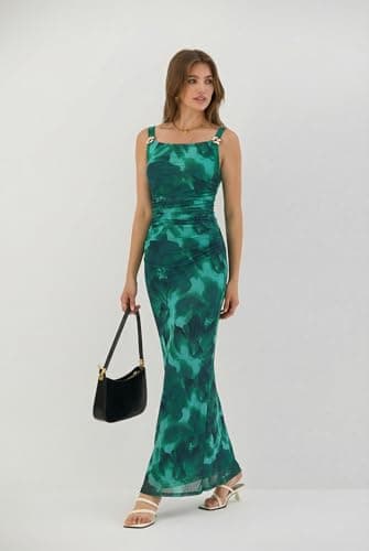 ZAFUL Green Wedding Guest Dress for Women's Sexy Dress Formal Sleeveless Mesh Ruched Bodycon Maxi Party Long Dresses Sexy - Thumbnail 3