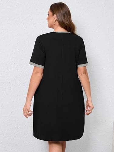 AusLook Plus Size Women's Nightgown 4X Black Short Sleeve Sleep Dress Sleepwear Soft Sleepshirts Pleated Scoopneck Nightshirt Sleep shirts with Pockets - Thumbnail 2