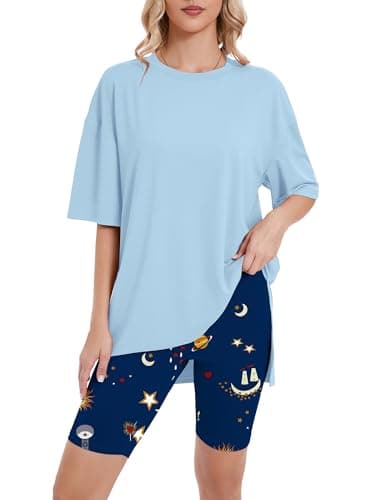 Heymoments Matching Sets Women Clothing Print Floral Large Oversized T-Shirt and Biker Shorts Pajama Set Soft Summer Pajamas Set Breathable Sleepwear Comfy Nightwear Womens Pjs Set - Image 1