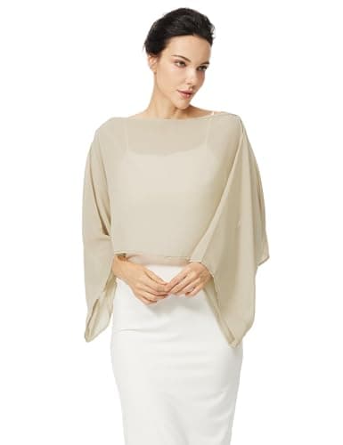 BEAUZSUZSANA Women Chiffon Bolero Cape Capelets with Arm Holes Shawls and Wraps for Evening Dress Bridal Wedding Party (Champagne,L-XL) - Thumbnail 3
