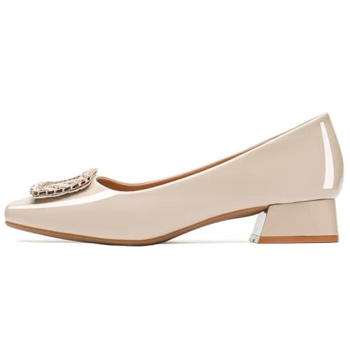 QFDZLA Women's Low Chunky Block Heel Pumps Comfortable Leather Square Toe Dress Shoes Slip On Block Heel for Office Lady Shoes Nude Size 10 - Thumbnail 5