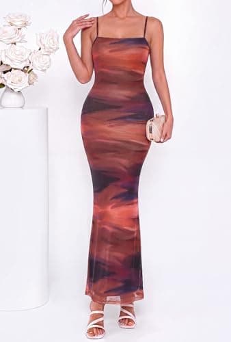BTFBM Womens Summer Maxi Dress 2026 Floral Mesh Spaghetti Straps Sleeveless Sexy Bodycon Wedding Cocktail Party Dresses(Dark Red Print, XX-Large) - Thumbnail 6