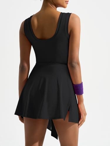 Dokuritu Athletic Dress for Women Sleeveless High Neck Golf Tennis Dresses Built in Shorts Backless Wrap Sports Workout Rompers Black - Thumbnail 2