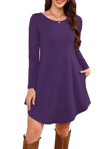 DEARCASE Women's Long Sleeve T Shirt Dress Purple Medium Crewneck Knee Length Loose Casual Flowy Swing Tunic Dresses with Pockets - Image 1