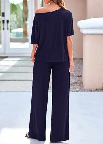 KIRUNDO Two Piece Sets for Women Lounge Airport Travel Vacation Outfits 2026 Summer Off Shoulder Tops Matching Wide Leg Pants(Navy, XX-Large) - Thumbnail 2