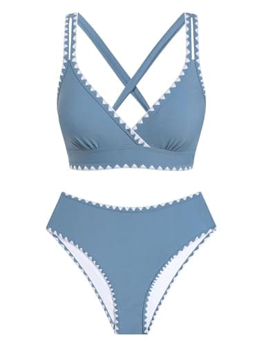 ZAFUL Womens High Waisted Bikini Sets Whip Stitch Wide Strap 2 Piece Swimsuits Crisscross Tie Back Bathing Suit 2026 Haze Blue Medium - Thumbnail 6