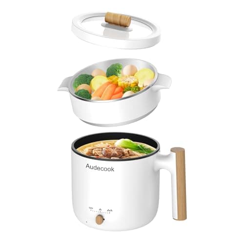 Audecook Hot Pot Electric with Steamer, 1.8L Portable Mini Travel Cooker, Multifunctional Non-Stick Electric Skillet for Stir Fry/Stew/Steam, Perfect for Ramen Noodles/Pasta/Egg/Soup/Oatmeal (White) - Image 1
