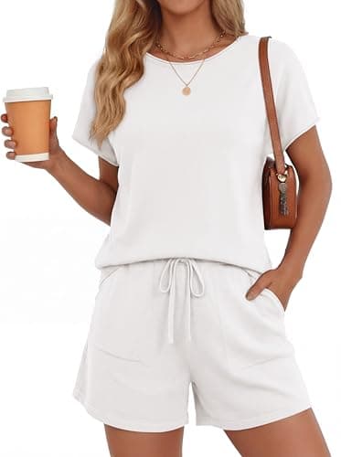 PRETTYGARDEN Two Piece Set For Women Summer Lounge Sets Shorts And Short Sleeve Tops Knitted Matching Travel Spring Outfits(White,M) - Image 1