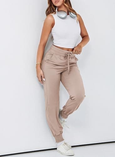 Dokotoo Womens Joggers Elasticity Workout Pant High Waisted Drawstring Dress Lounge Sweatpants Casual Athletic Spring Summer Outfits Trendy Women Pant with Side Pocket Fashion 2025 Khaki Medium - Thumbnail 6