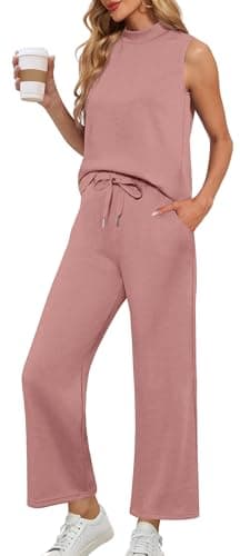 Lepunuo Women's Summer Two Piece Outfits Lounge Sets Mock Neck Sleeveless Tops Casual Wide Leg Pants Vacation Travel Outfits - Image 1