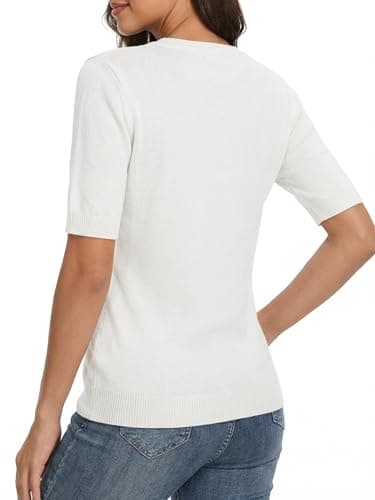 LaGracia Wool Blend Sweaters for Women Crewneck Short Sleeve Lightweight Sweater Office Summer Outfits Beige 2XL - Thumbnail 5