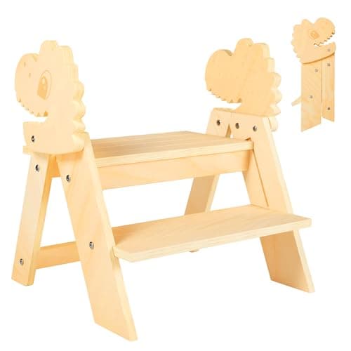 TinyHaven Wooden Toddler Step Stool, 2-Step Foldable Stool for Kids with Non-Slip Surface, Baby Bathroom Stool for Potty Training, Bathroom Sink, Kitchen Counter with Cute Dinosaur Design, Natural - Image 1