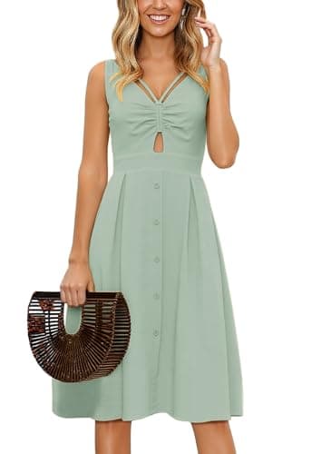 ECOWISH Women 2026 Summer Dresses Tie Front V-Neck Spaghetti Strap Button Down A-Line Backless Swing Midi Dress 494 Light Green M - Image 1