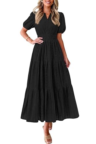 PRETTYGARDEN Womens Summer Maxi Dresses 2026 Casual Puff Sleeve V Neck Smocked Flowy Eyelet Cotton Dress Spring Sundress(Black,Medium) - Image 1