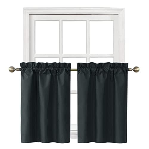 Home Queen Blackout Rod Pocket Tier Curtains for Small Window, Short Room Darkening Basement Curtains, Cafe Drapes, 2 Panels, 26 W x 30 L Inch Each, Black - Image 1