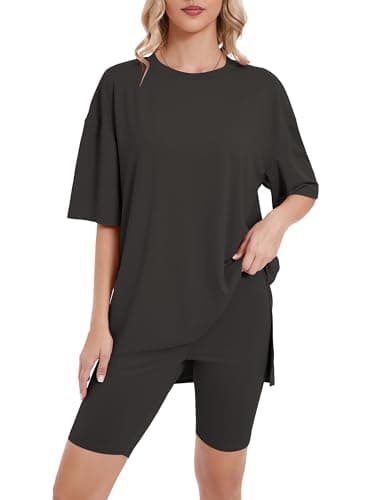 Heymoments Two Piece Summer Sets for Women Lounge Dark Grey Small Oversized T-Shirt and Biker Shorts Pajama Set Soft Pajamas Set Breathable Sleepwear Comfy Nightwear Womens Pjs Set - Image 1