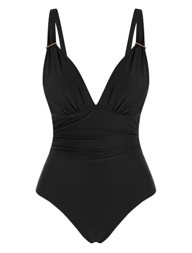 ZAFUL Womens Sexy V Neck One Piece Swimsuit Ruched Tummy Control Bathing Suit Backless Slimming Monokini (Black, Medium) - Thumbnail 6