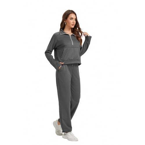Anyshe Women's 2 Piece Sweatsuit Set Lounge Set Half Zip Sweatshirt with Kangaroo Pocket Thumb Holes Wide Leg Drawstring Pants Casual Tracksuit for Travel Daily Wear, Charcoal Grey, X-Large - Thumbnail 2
