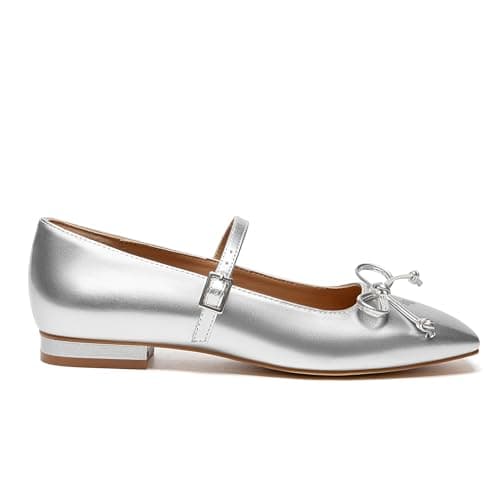 Athlefit Women's Mary Jane Flats Dressy Comfortable Square Toe Slip On Silver Ballet Flats Shoes with Buckle Strap Size 9.5 - Thumbnail 5
