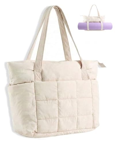 U+U Puffer Tote Bag for Women, Quilted Work Tote with 16" Laptop Sleeve, Luggage Sleeve & Yoga Mat Strap for Travel Gym School,Cream - Image 1