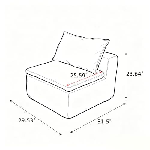 Boneless Sofa Couch Seat Set, Plush Sofa with Deep Seat & Support Pillow Armless Corner Chair Modular Sectional with Layered Cushion for Living Room Bedroom, Office (Black, 29.53"Middle of 2 Set) - Thumbnail 2