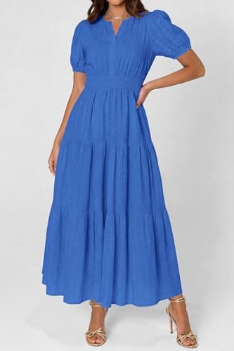 PRETTYGARDEN Womens Summer Maxi Dresses 2026 Casual Puff Sleeve V Neck Smocked Flowy Eyelet Cotton Dress Spring Sundress(Blue,X-Large) - Thumbnail 2