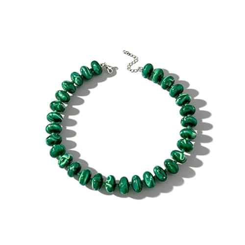ANGLEQUEEN Dark Green Swirl Chunky Beaded Choker Necklace for Women - Bold Statement Large Acrylic Beads Collar, Trendy Summer Vacation Jewelry Gifts for Mothers Day, Daily Party Retro Necklace