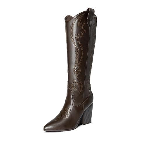 DREAM PAIRS Cowboy Boots For Women, Comfortable Pull On Zipper Chunky Heel Pointed Toe Embroidered Western Cowgirl Knee High Boots,Size 10,Brown,SDKB2302W - Image 1
