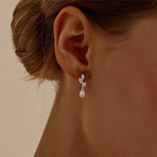 Wedding Earrings for Brides:Gold Pearl Dangle Drop Earrings Gold Jewelry - Thumbnail 2