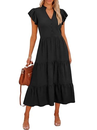 Caracilia Women Summer Casual V Neck Button Down Ruffle Sleeve Midi Dresses 2026 Fashion Flowy Tiered Beach Vacation Sundress Black Large