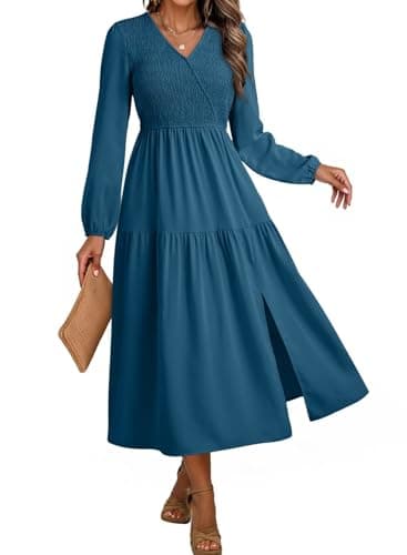 Dokotoo Blue Dress Fall Dresses for Women 2026 Long Sleeve V Neck Smocked Elastic Waist Tiered Maxi Dress Teacher Outfits for Women Blue X-Large - Image 1